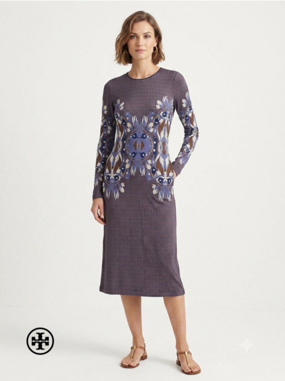 Tory Burch midi Dress XL Flavia Long-Sleeve Purple Floral-Print Silk